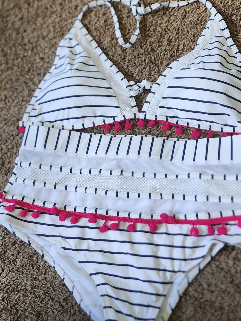 Striped White & Navy One-Piece Swimsuit with Pink Pom Trim